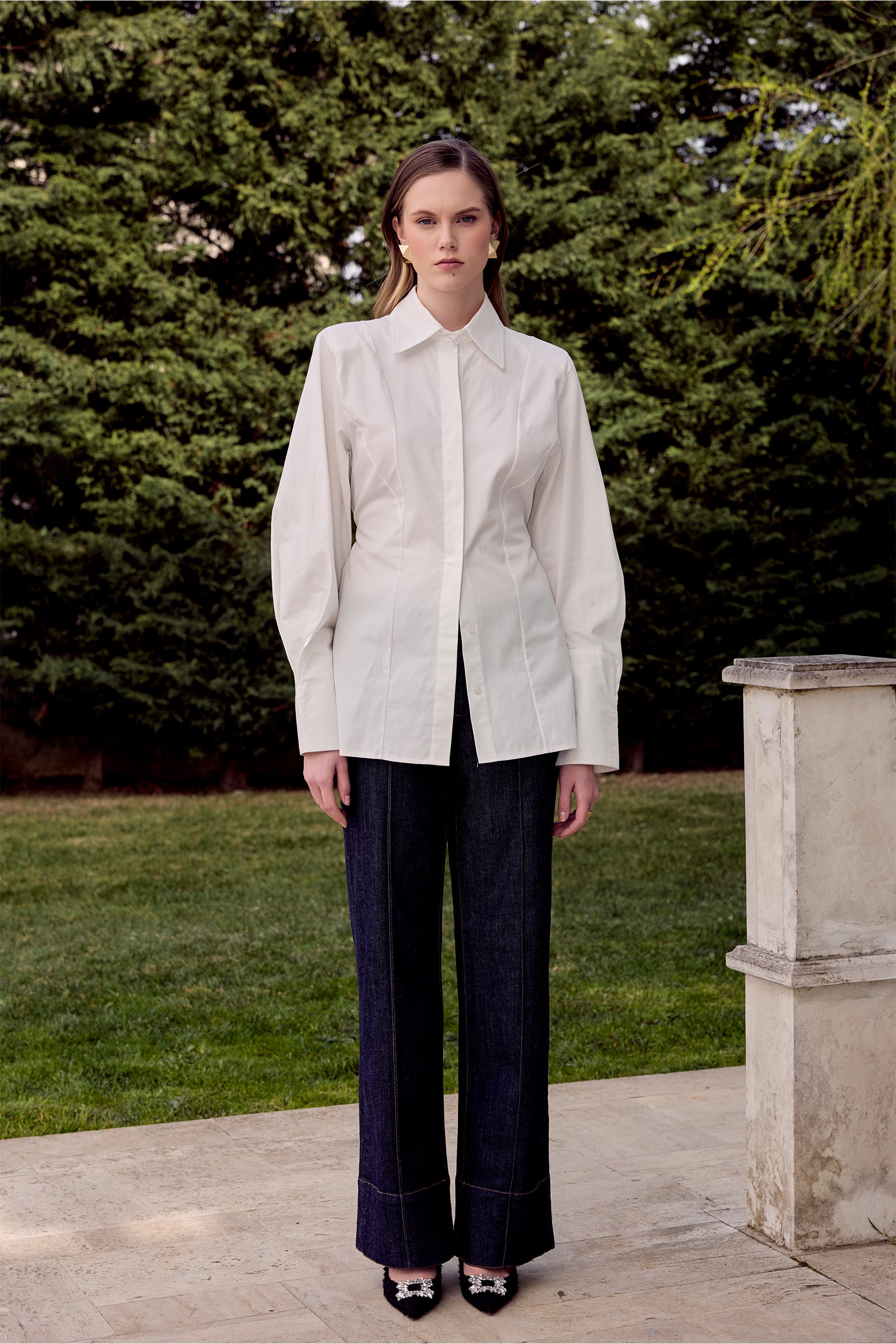 Alba Waist Accented Shirt-Ecru