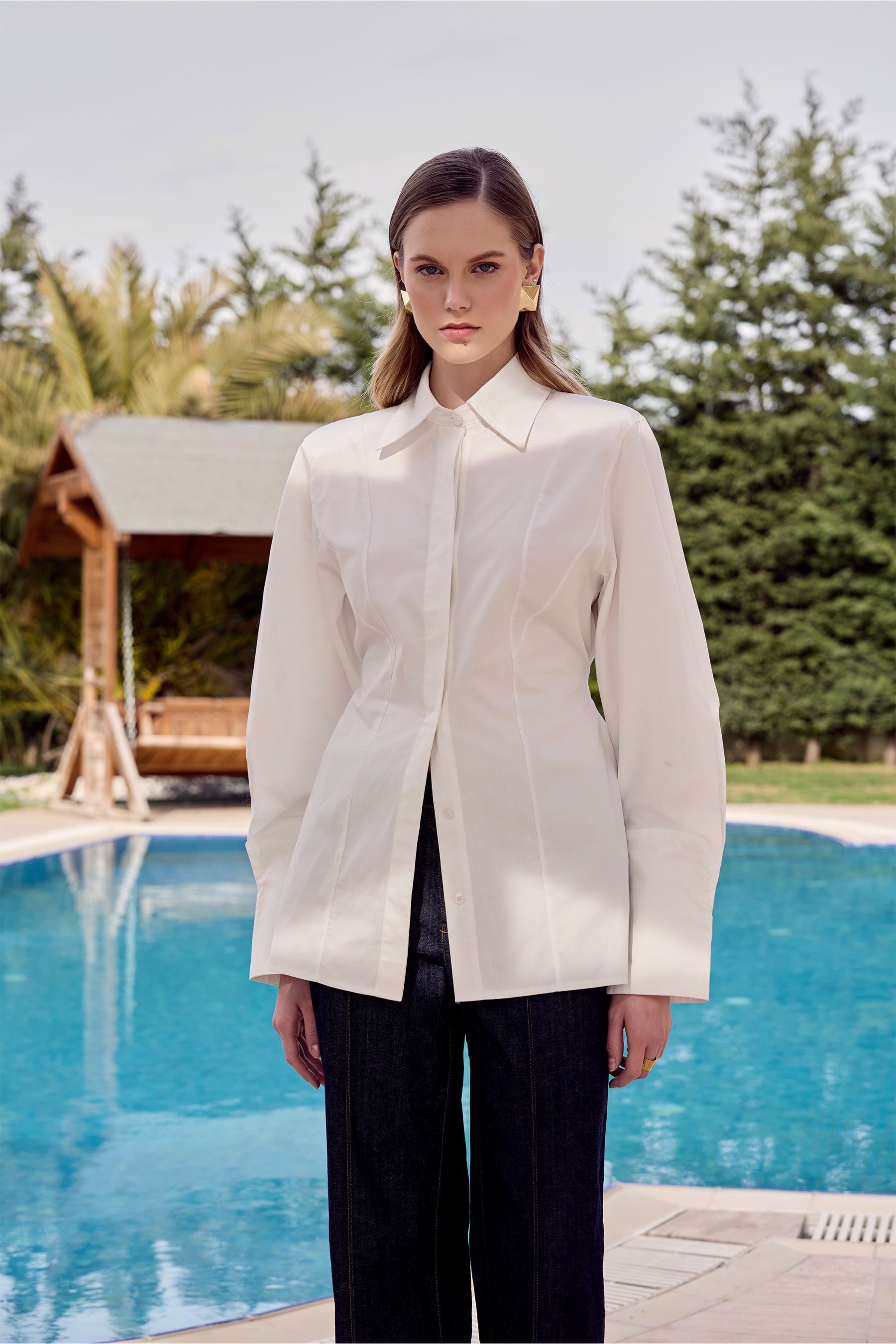 Alba Waist Accented Shirt-Ecru