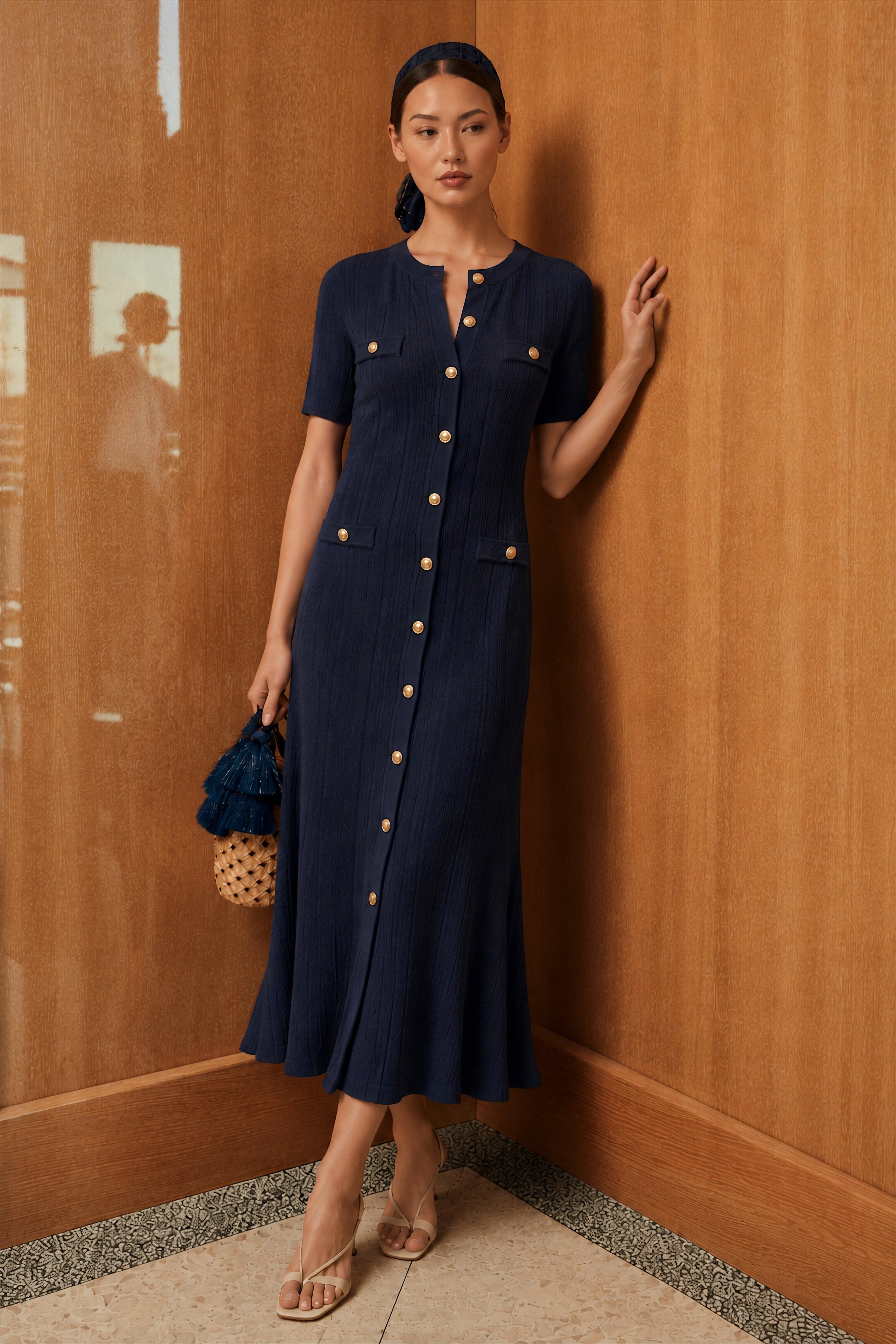 navy blue dress with gold buttons Naomi Buttoned Knit white anarkali suit Black Sleeveless Mini Dress With this blue tweed Color:Serpent