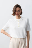 Vatkalı Polo Yaka Triko -Beyaz - Sümeyye Kaçmaz