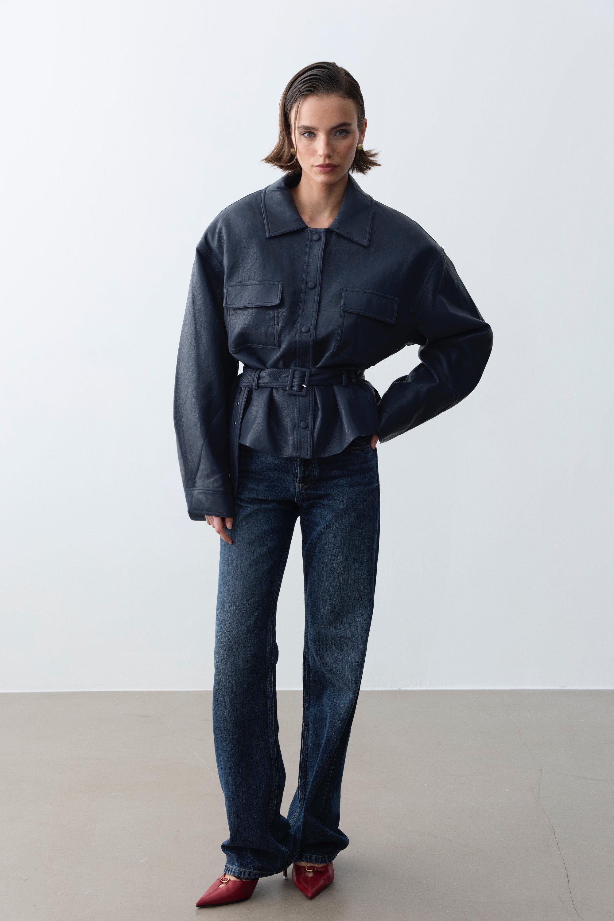 Bianca Vegan Deri Gömlek-Navy