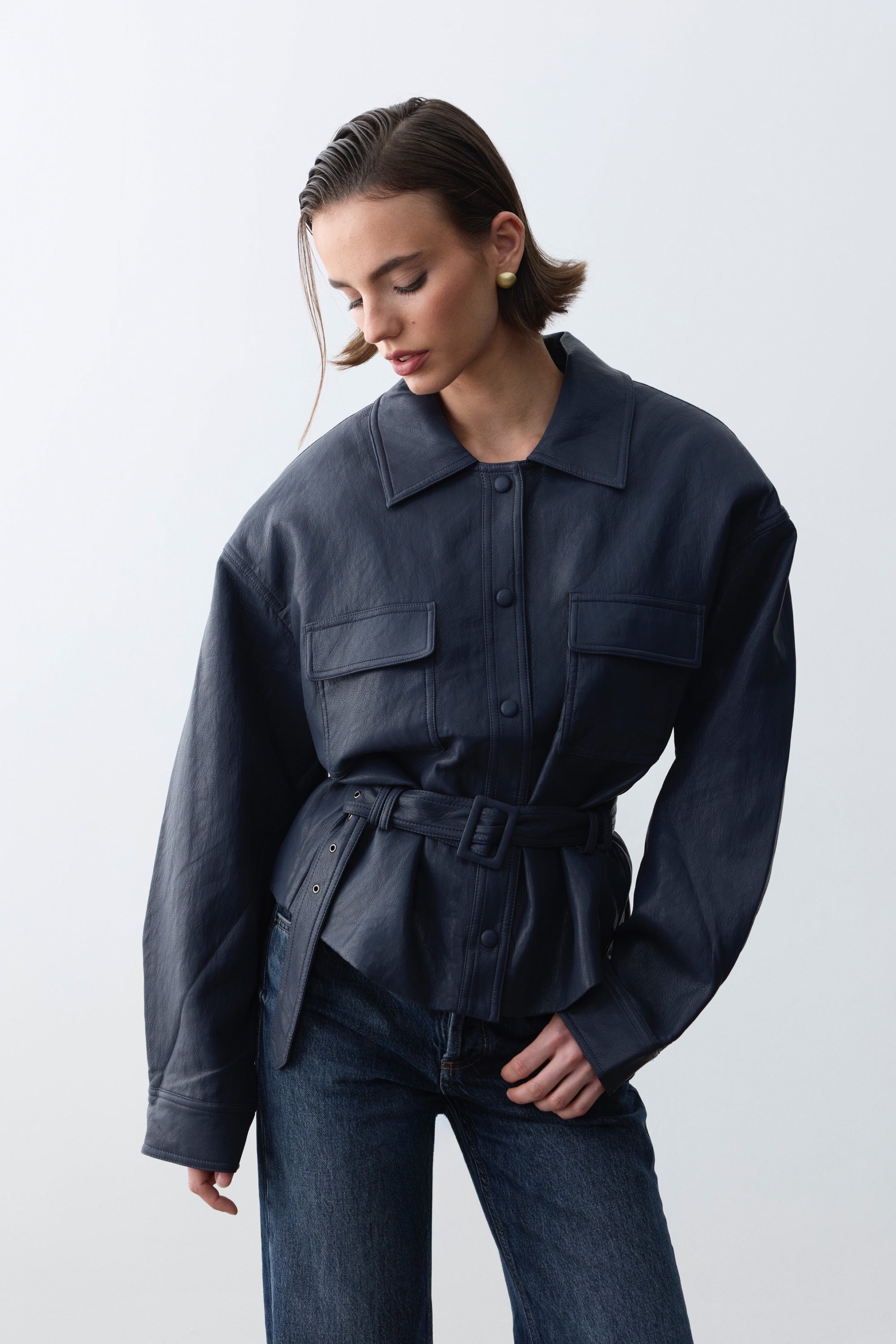 Bianca Vegan Deri Gömlek-Navy