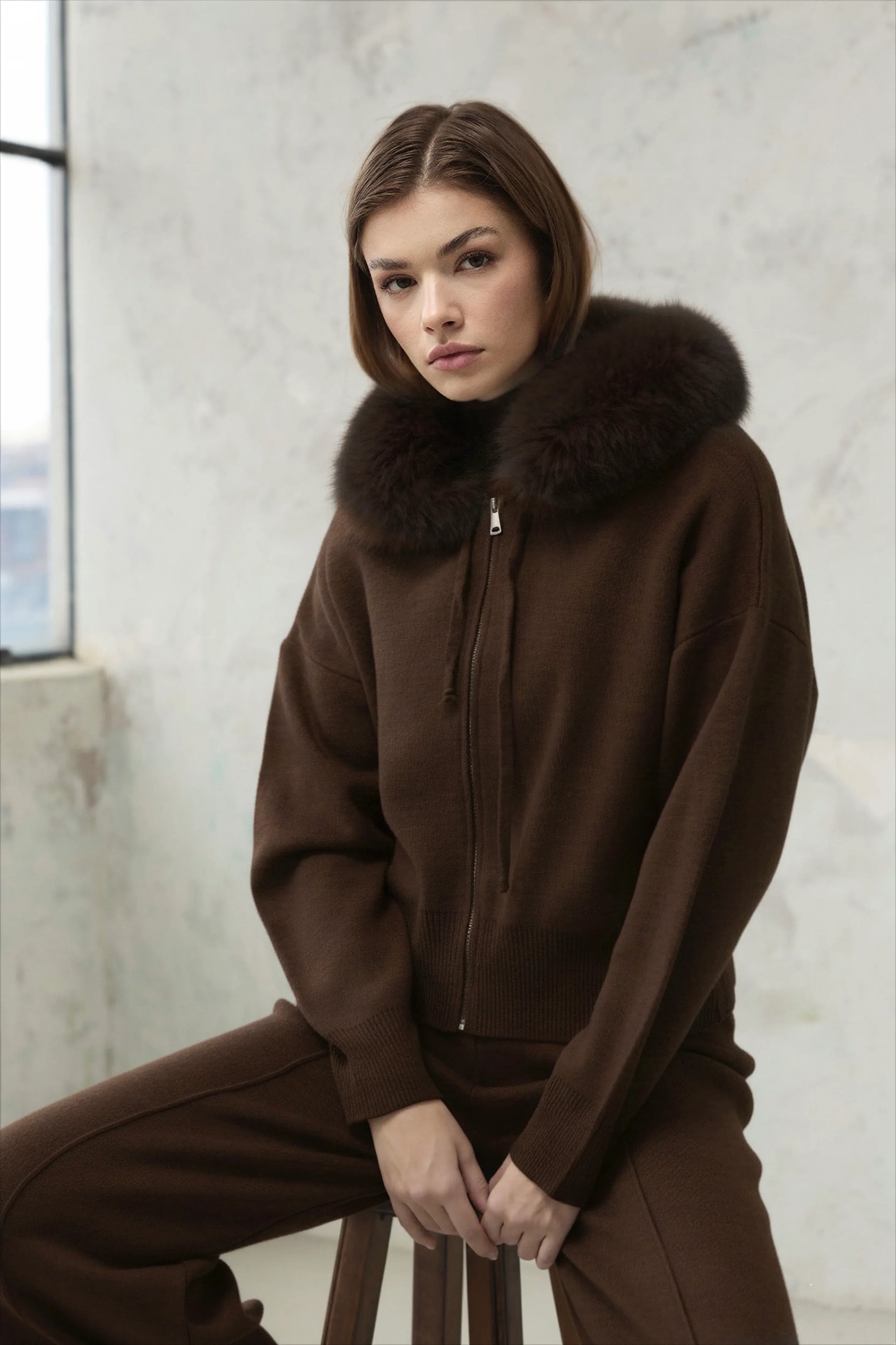 Laura Tilki Kürklü Kaşmir Triko Takım - Acı Kahve - Sümeyye Kaçmaz