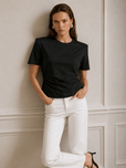 Lindy Padded Shoulder Gathered Waist T-Shirt - Black