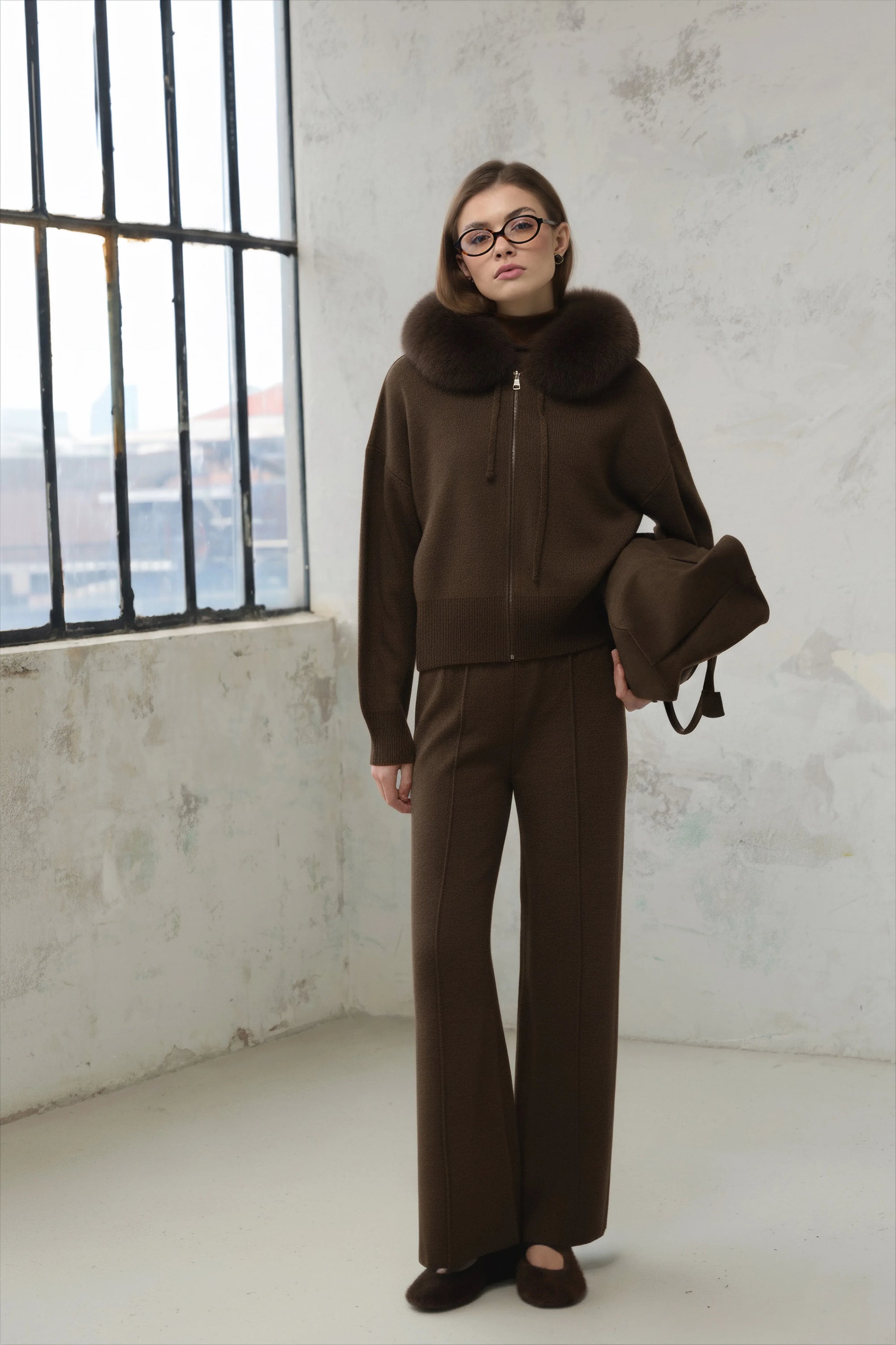 Laura Tilki Kürklü Kaşmir Triko Takım - Acı Kahve - Sümeyye Kaçmaz