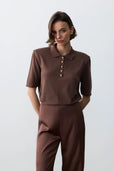 Vatkalı Polo Yaka Triko -Acı Kahve - Sümeyye Kaçmaz