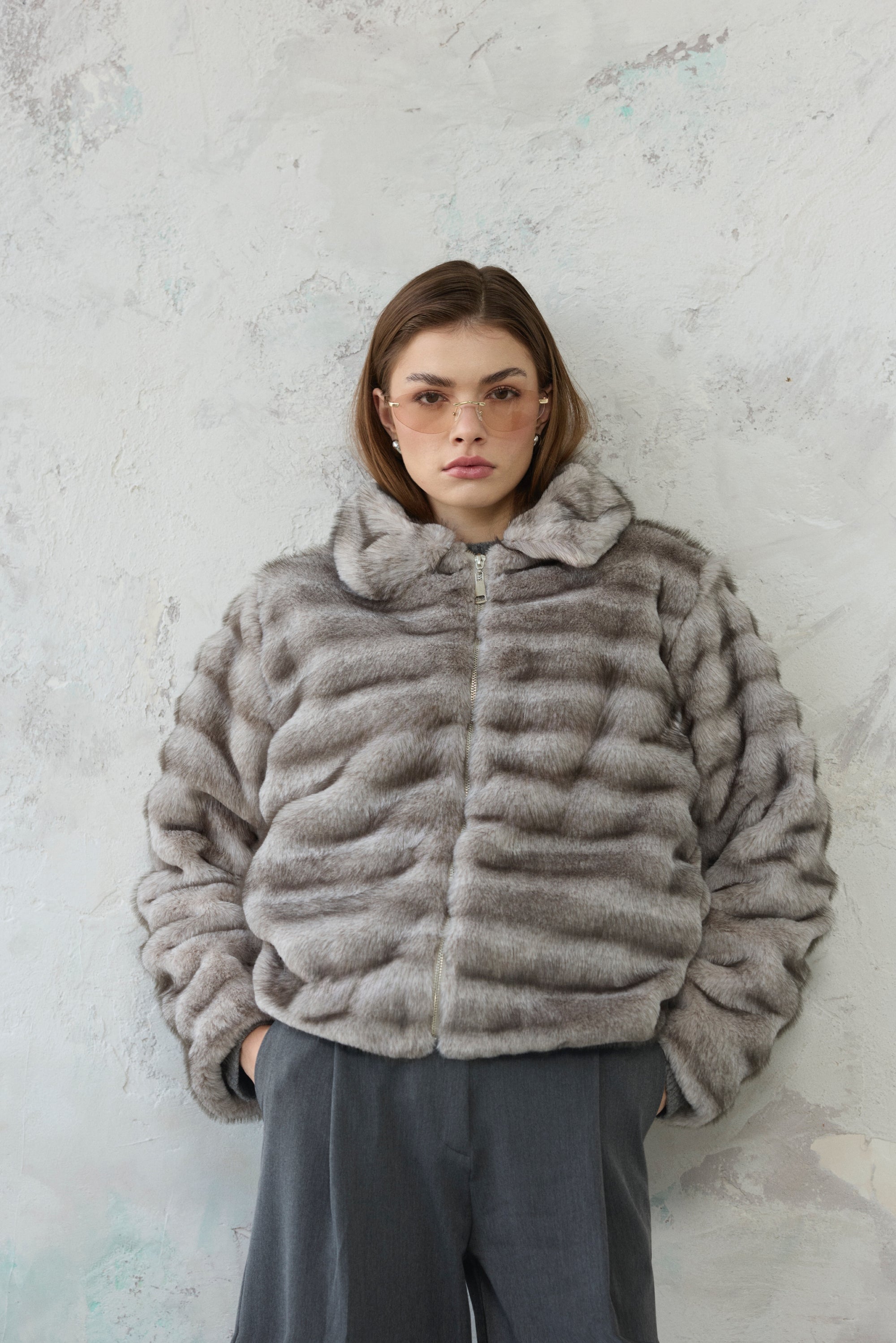 Nora Dilim Desen Kürk Ceket - Gri