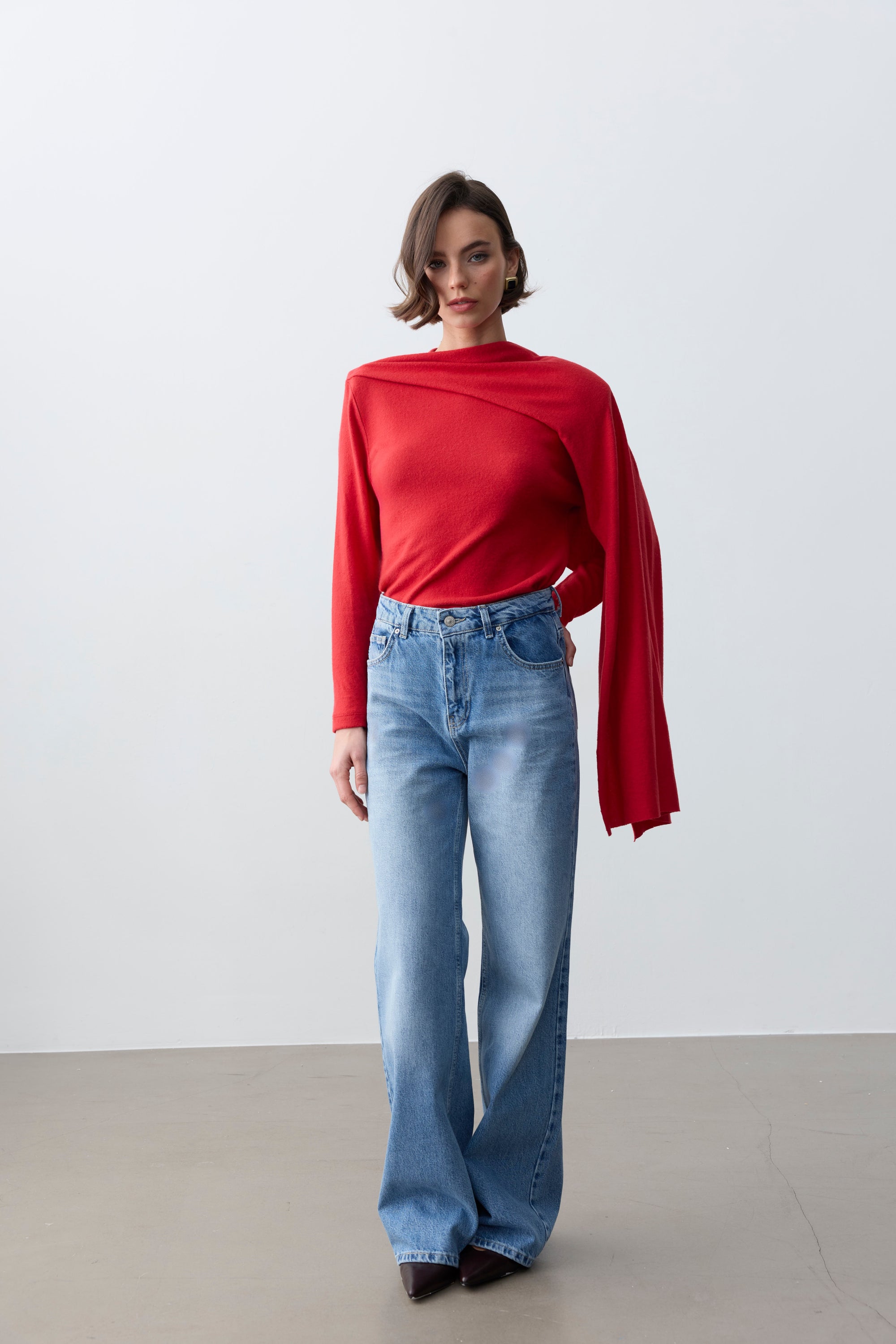 Cachemire Vatkalı Şallı Bluz-Kırmızı