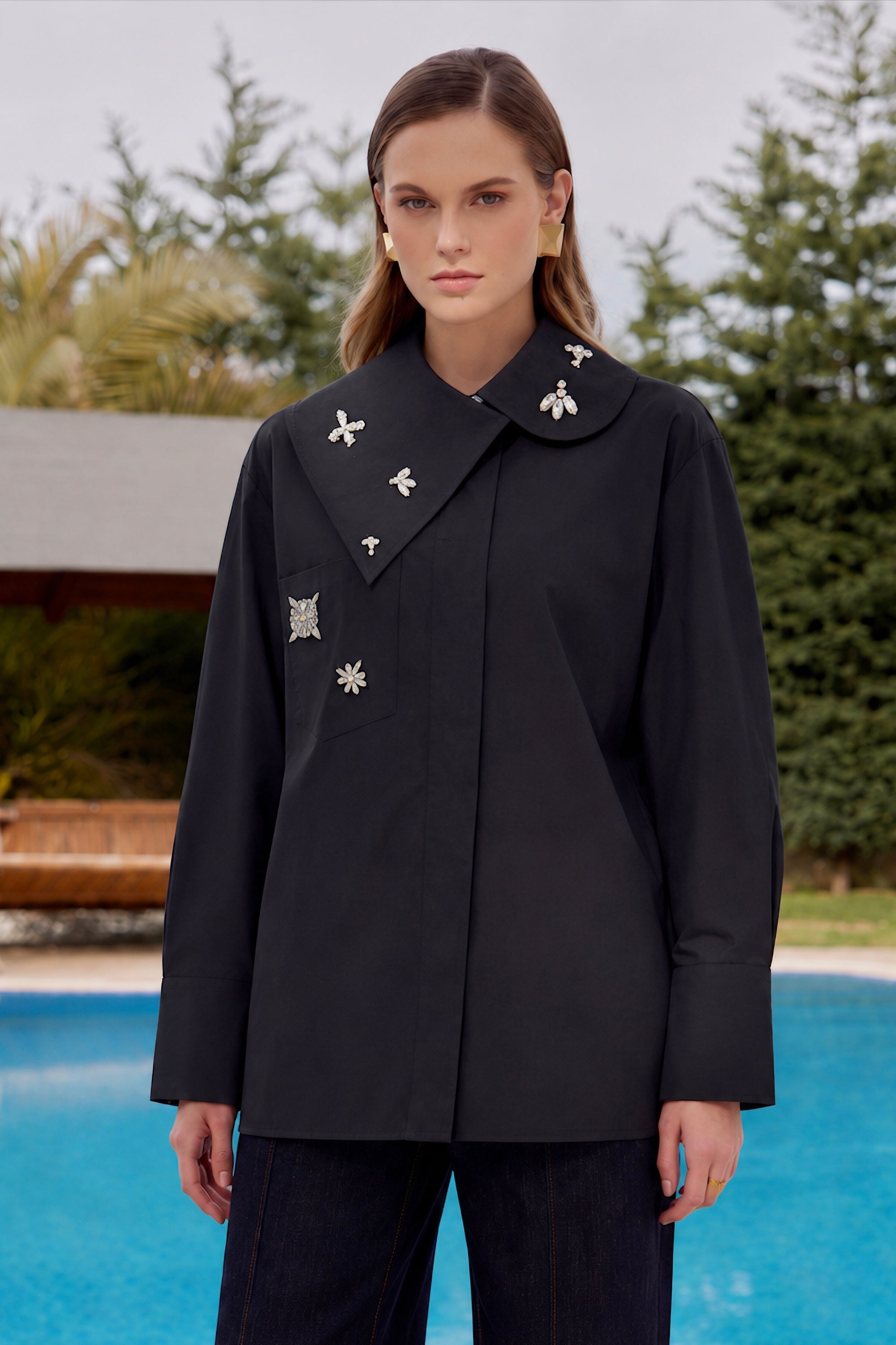 Taş Detaylı Poplin Tunik- Siyah