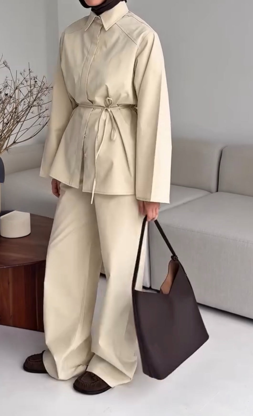 Poplin Kumaş Gömlek Pantolon Takım- Açık Bej