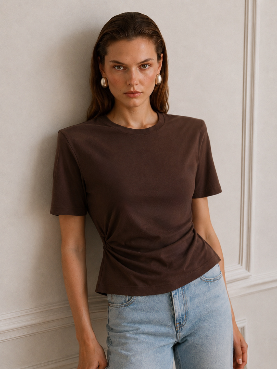 Lindy Vatkalı Bel Büzgülü T-Shirt - Kahve